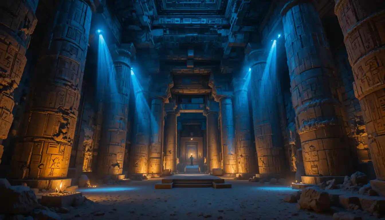 Intérieur de temple en grès doré aux profonds tons bleu désert