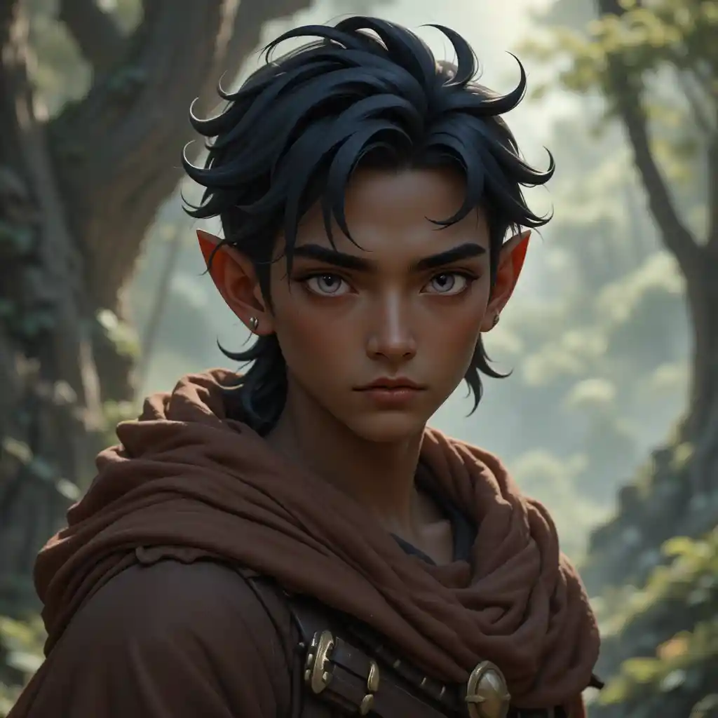 Young fantasy man with golden brown skin and pink eyes