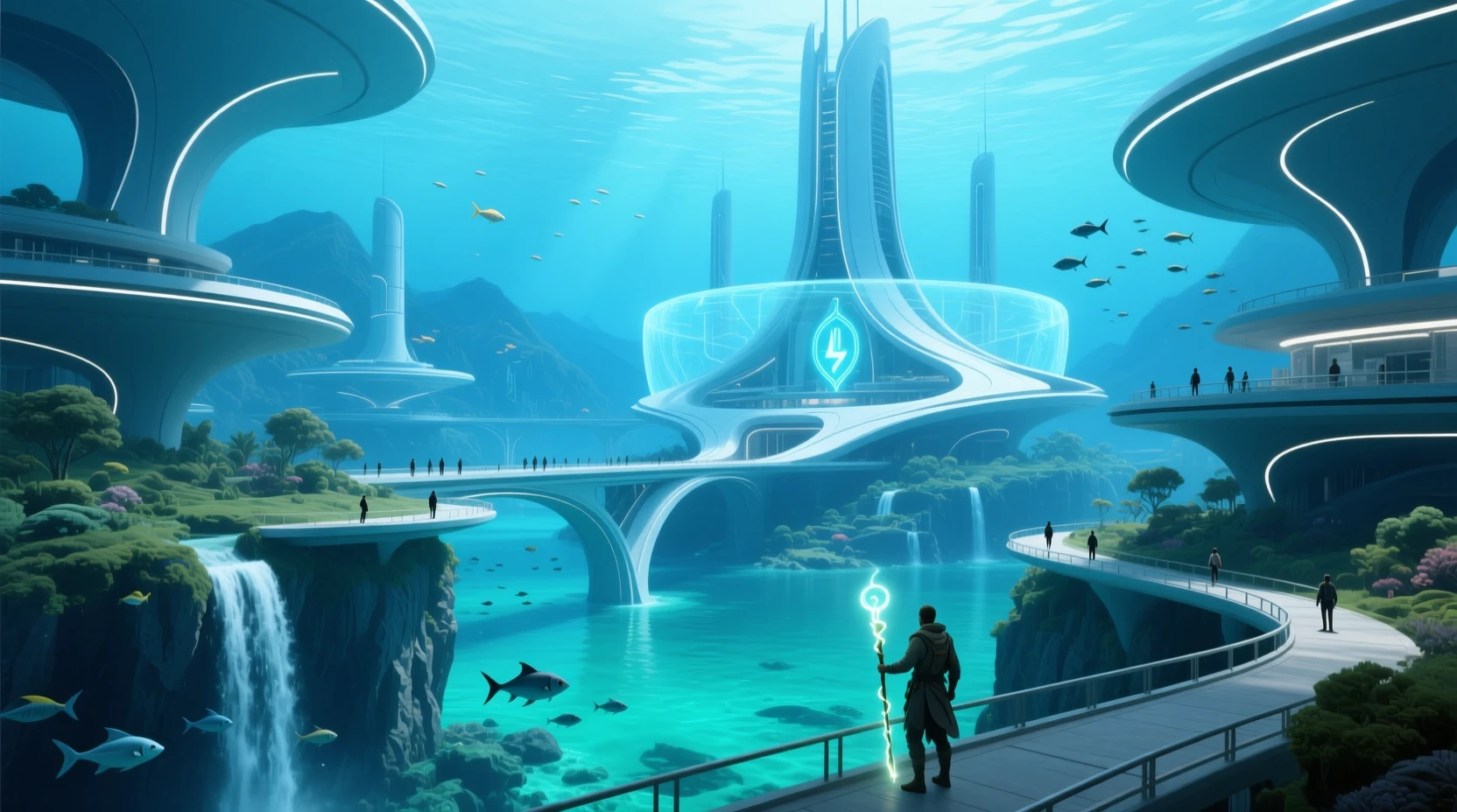 Megestrutura Futurista Subaquática em Oceano Turquesa