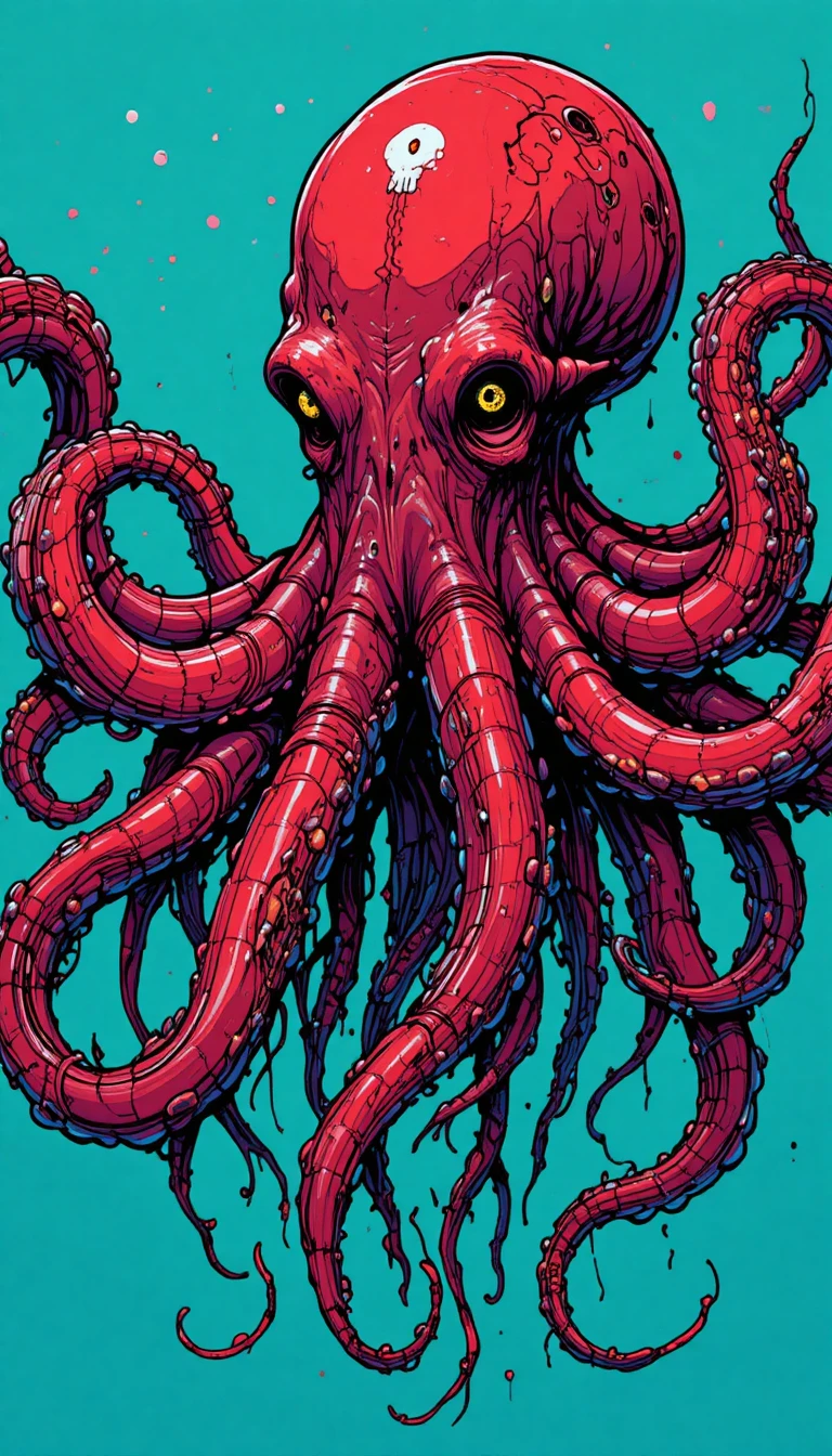 Creepy Red Octopus With Skull Face In Teal Water