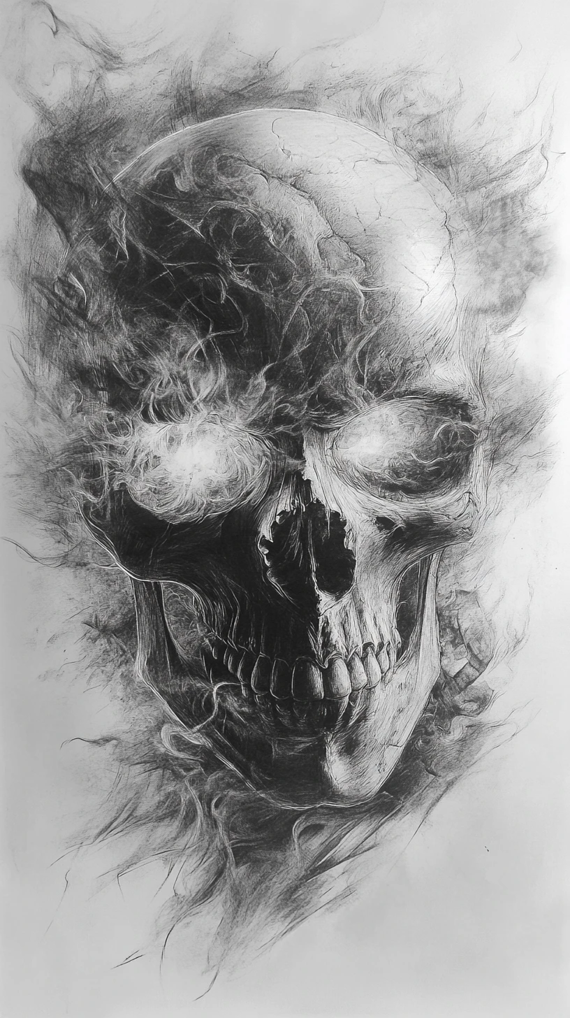 Charcoal skull with glowing eyes in abstract fiery vision