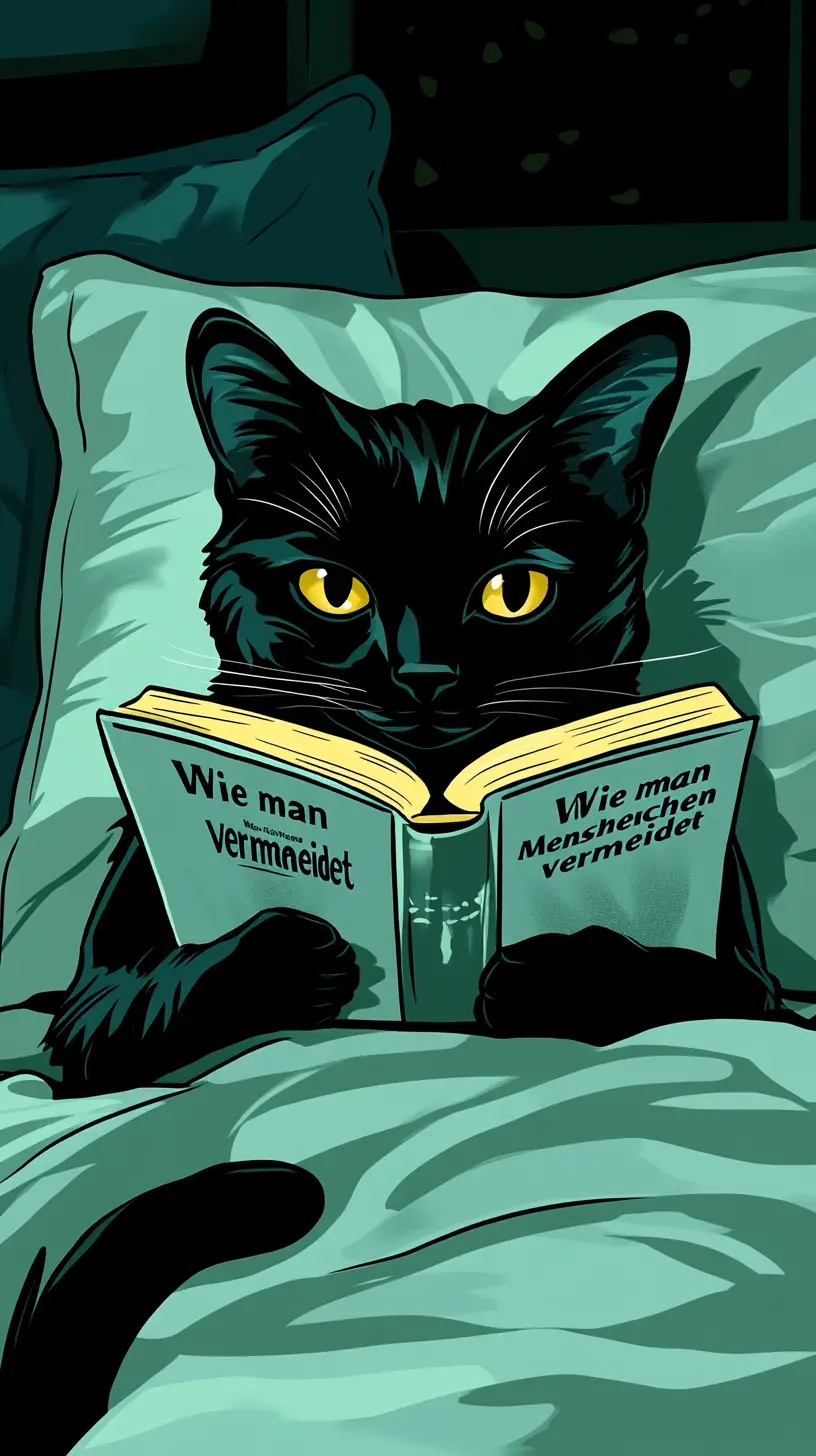 Chat noir lisant au lit sous une couverture rayée