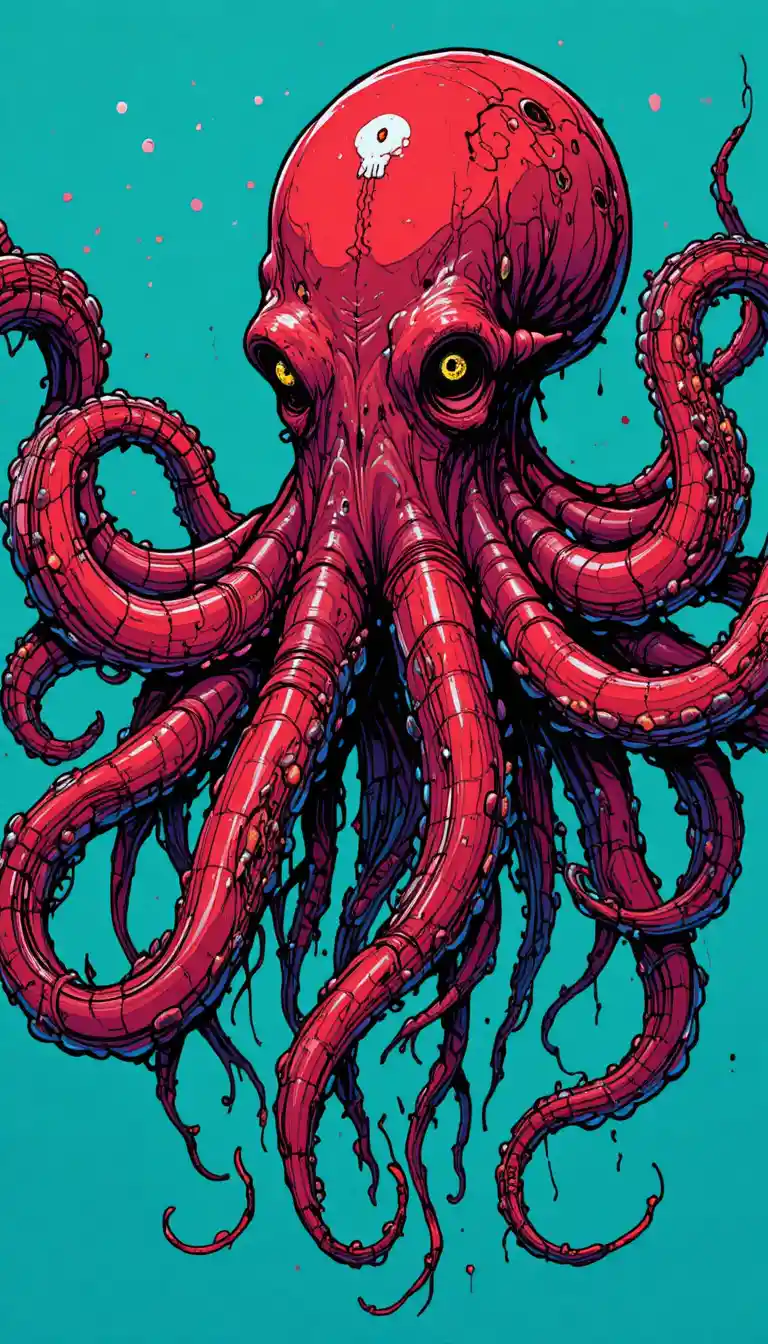 Creepy Red Octopus With Skull Face In Teal Water