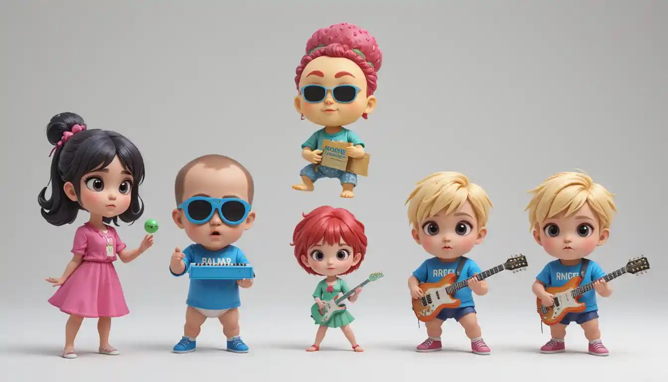 Garota em desenho animado e bebê punk realista em fundo branco