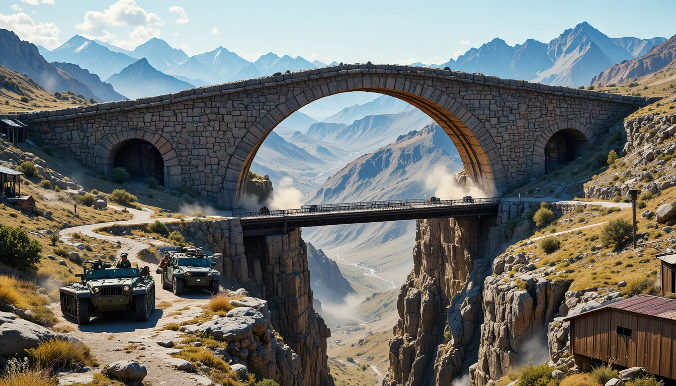 Military convoy in a rocky mountain landscape with stone arch