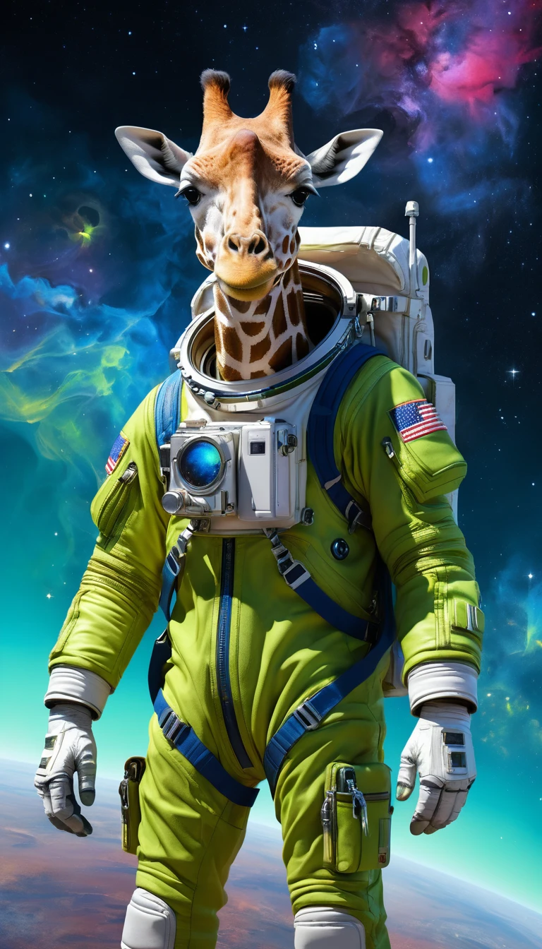 Astronauta girafa segurando um visor azul na Lua