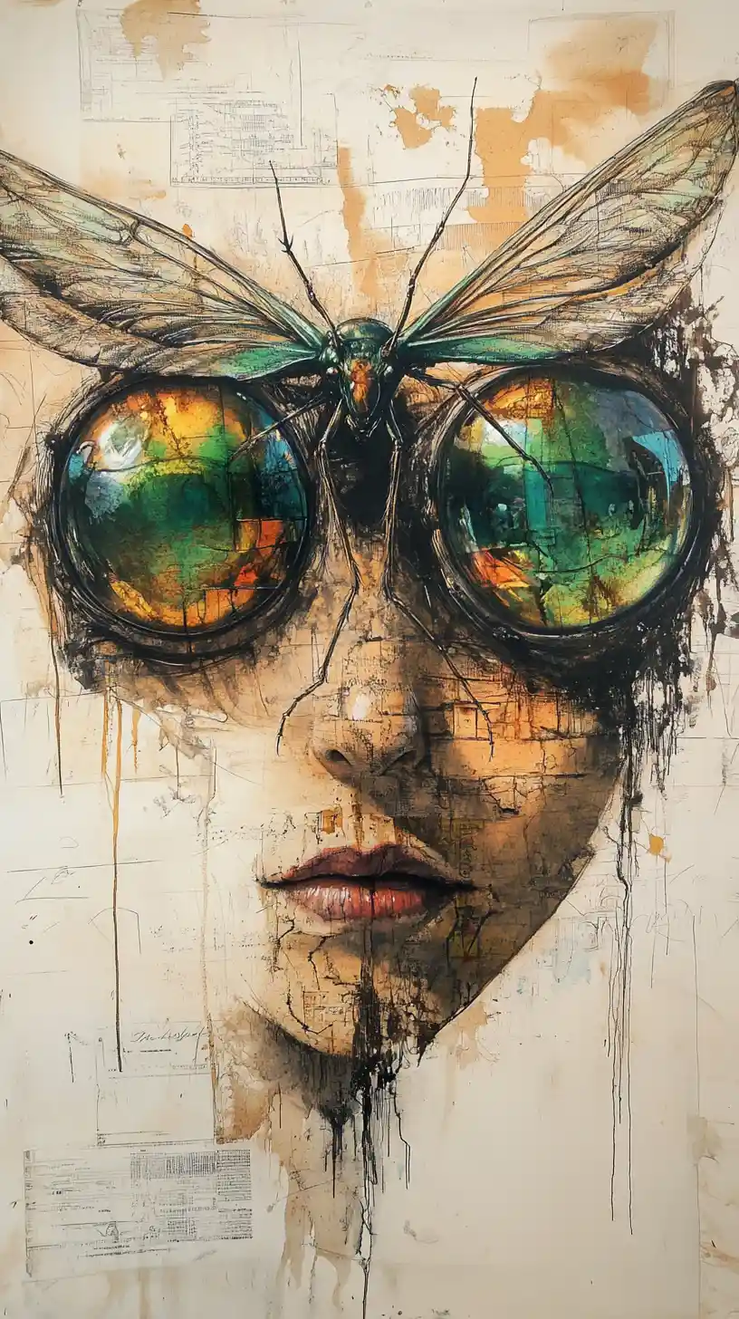 Surreal mixed media mantis with large reflective eyes