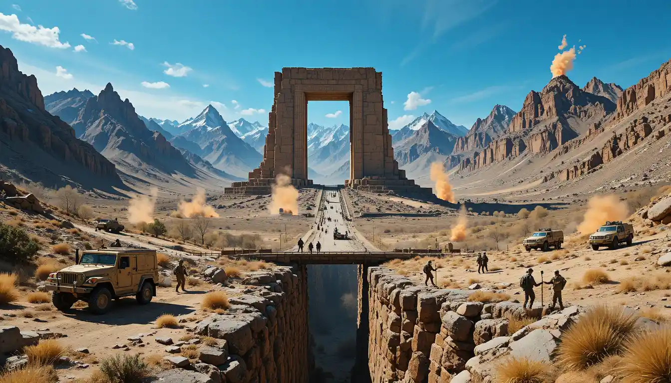 Military convoy guarding ancient stone arch in harsh mountains