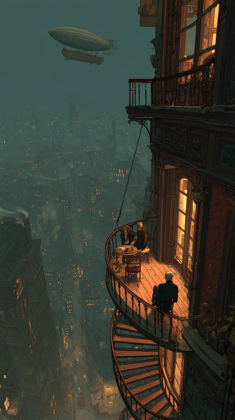 Steampunk-Balkonblick über neblige Stadt mit Luftschiff