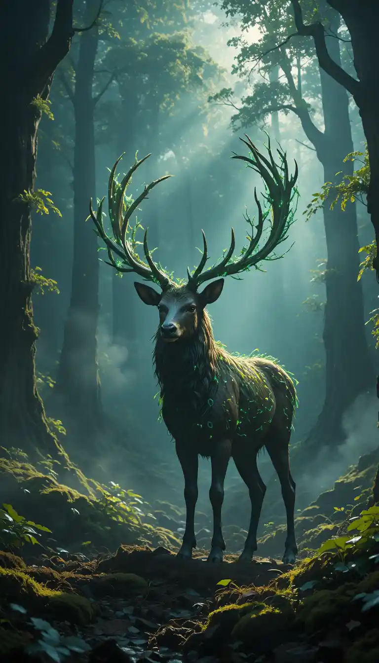 Majestic stag in glowing mystical forest clearing