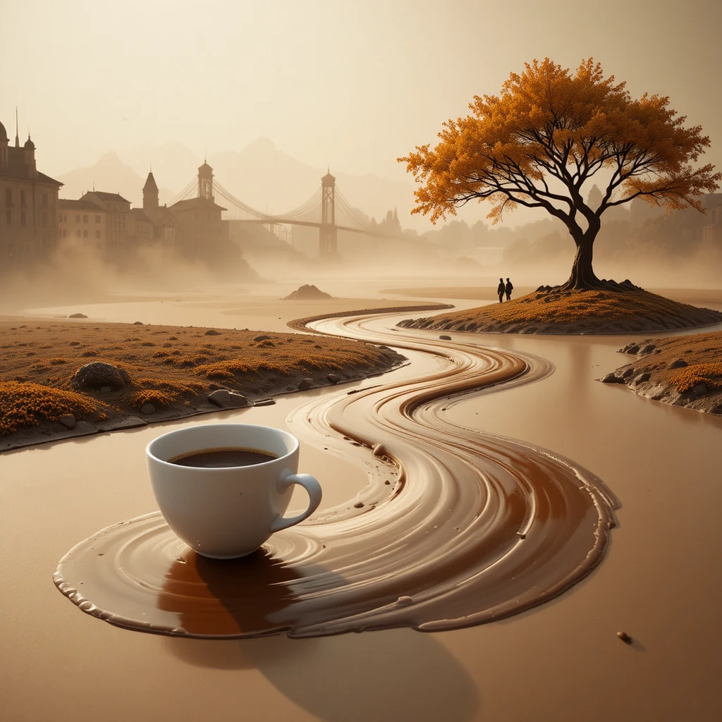 Tasse de café se déversant dans un paysage surréaliste de rivière d’espresso