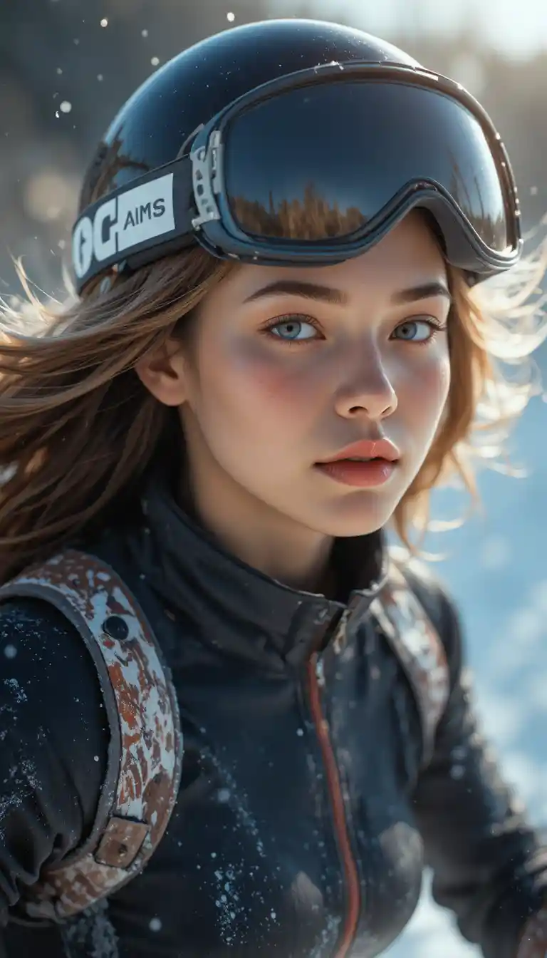 Gros plan dynamique d’une jeune skieuse au soleil