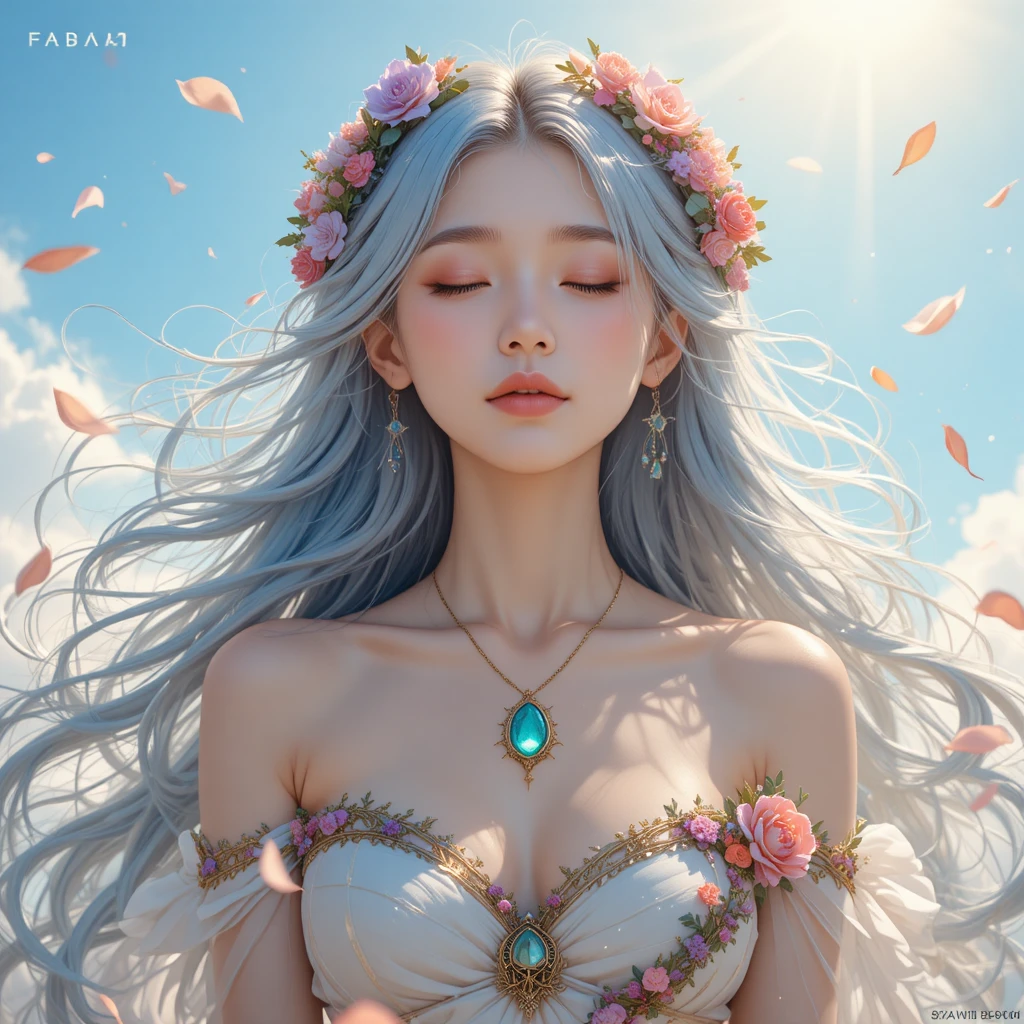 Fantasy-Mädchen mit silberblauen Haaren und Blumenkrone