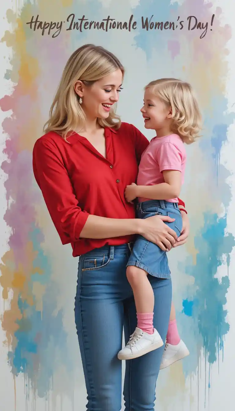 Menina sorridente nos braços da mãe com fundo de arco-íris