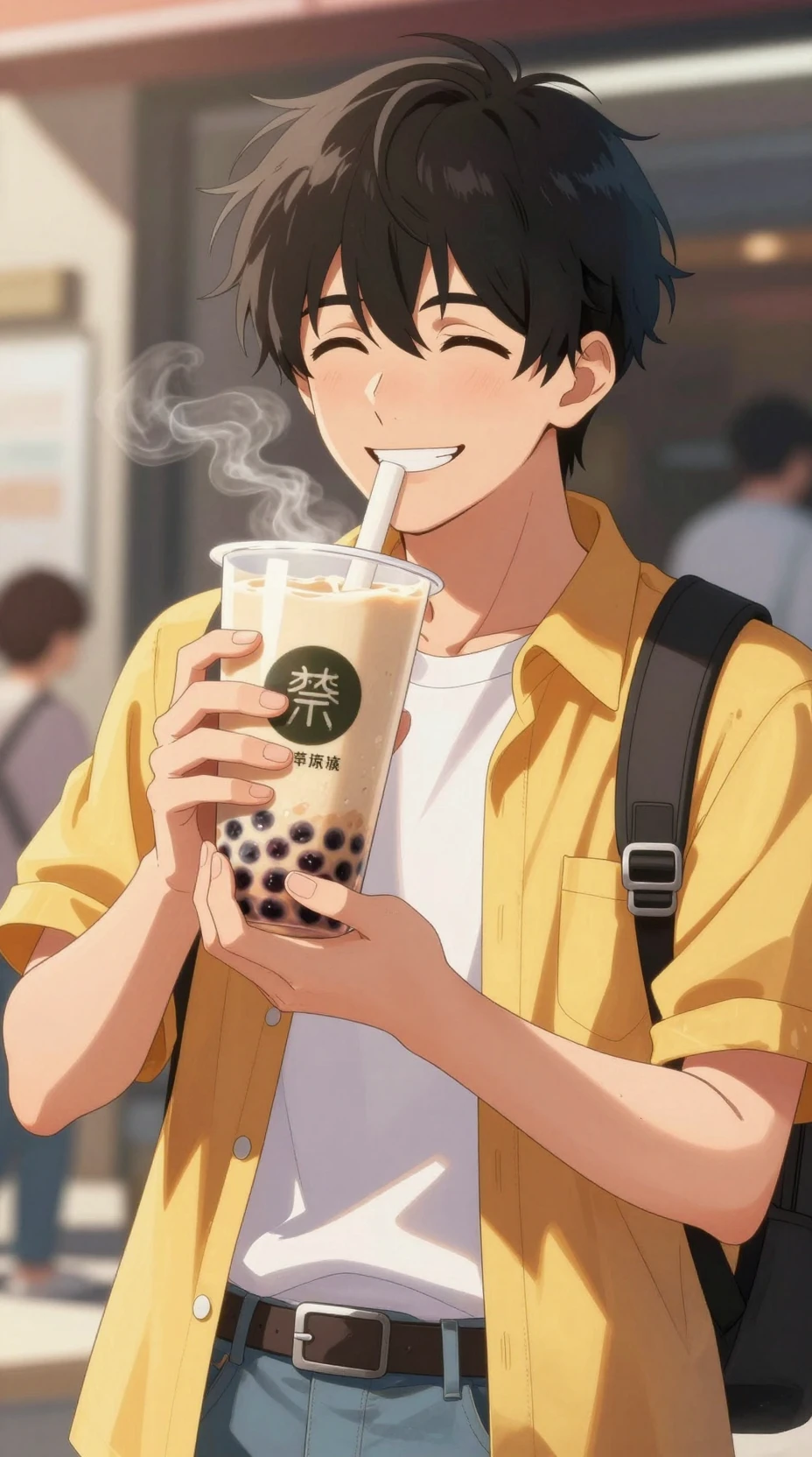 Homem de anime sorridente aproveitando um chá de boba cremoso ao ar livre