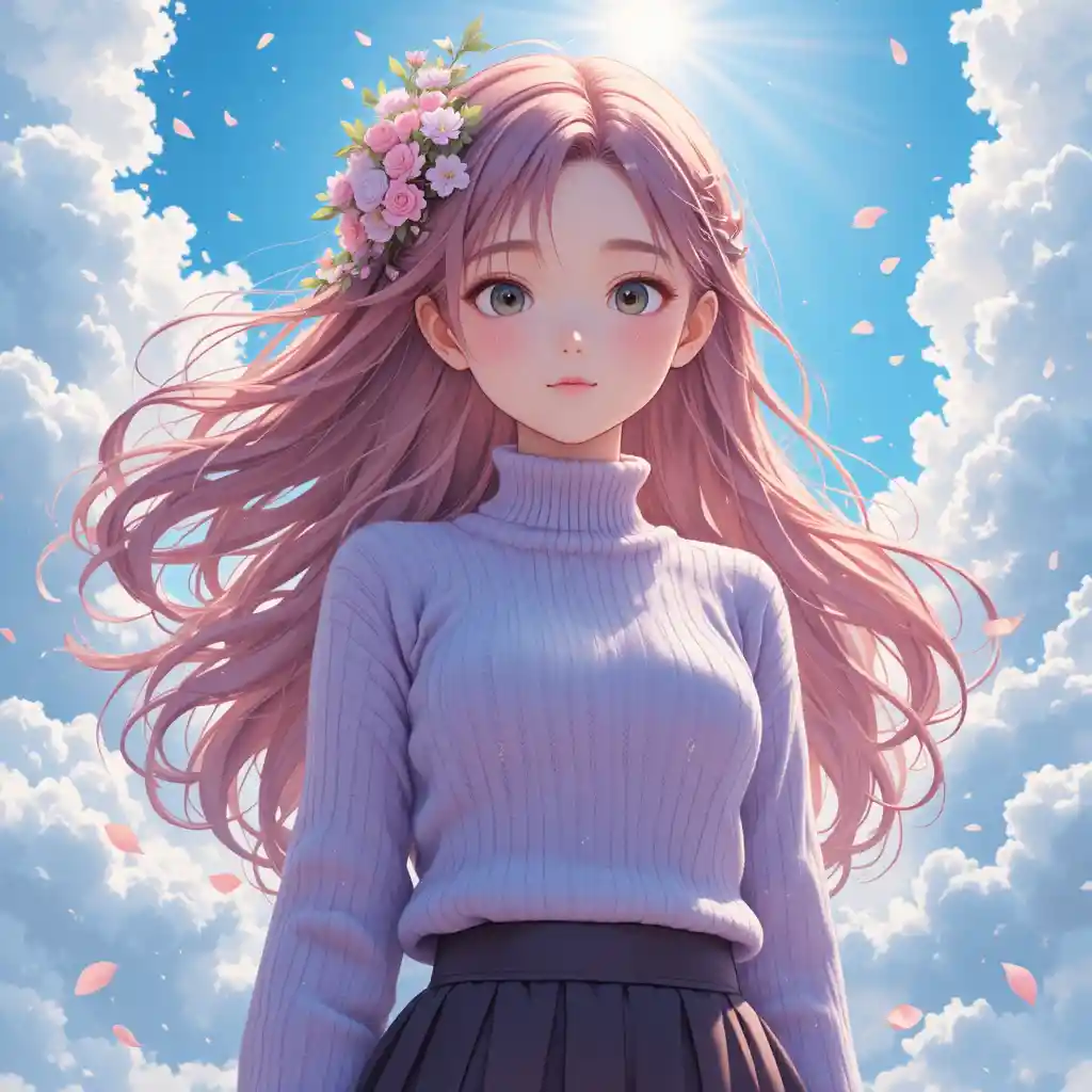 明亮藍天下穿著薰衣草毛衣的動漫女孩