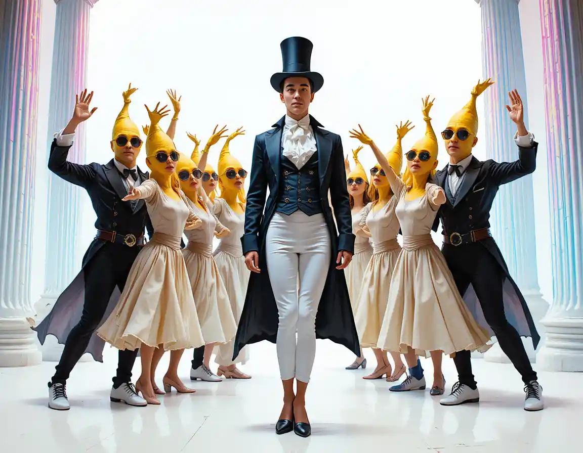 Victorian man leading dancers on a dramatic theater stage