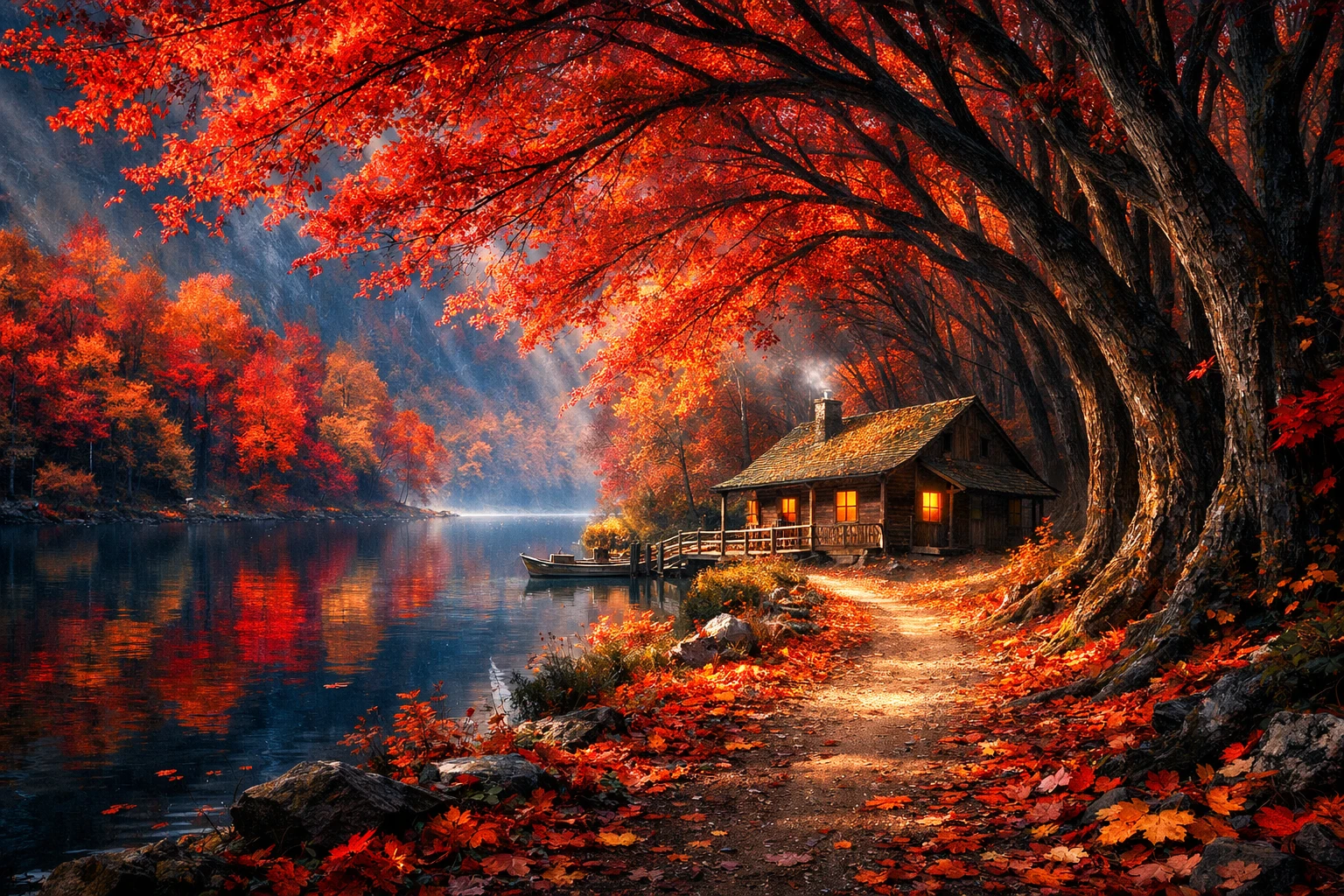 Autumn forest path by a tranquil lake with cabin