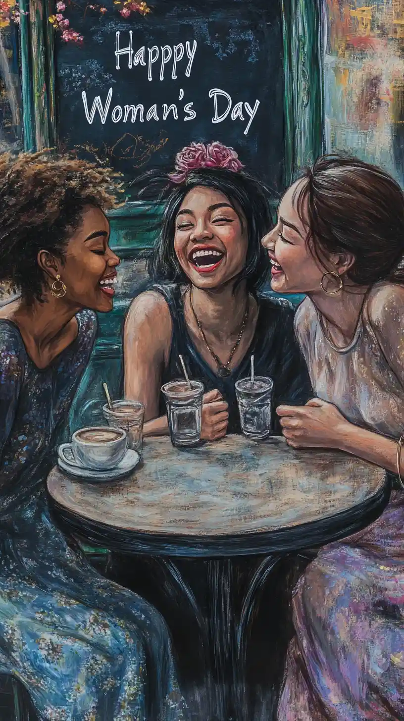 Three friends laughing together at a cozy Paris cafe