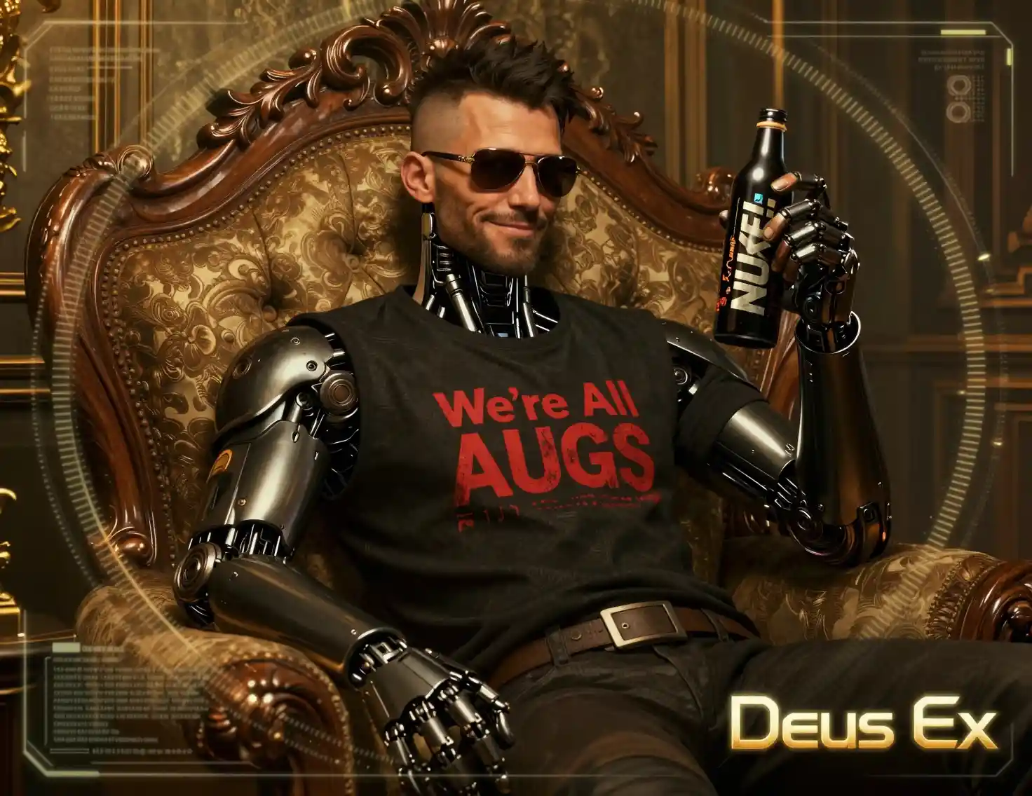 Detective aumentato che si rilassa con un drink in una stanza cyberpunk