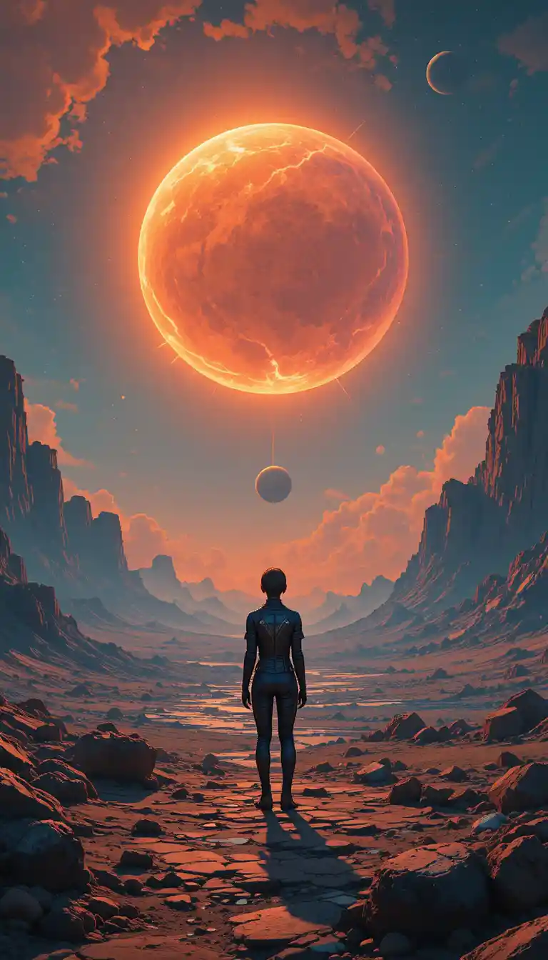 Lone Figure Under Glowing Planet In Alien Landscape