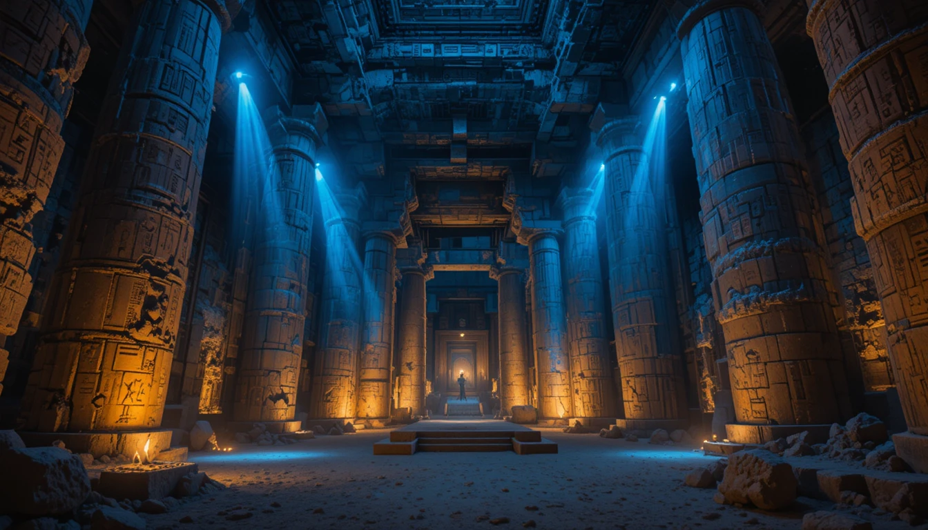 Intérieur de temple en grès doré aux profonds tons bleu désert