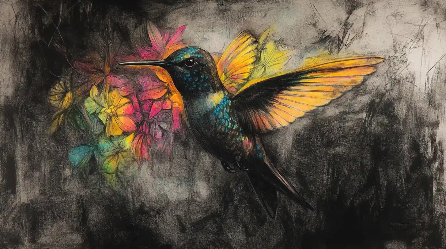 Surreal charcoal hummingbird with glowing iridescent feathers