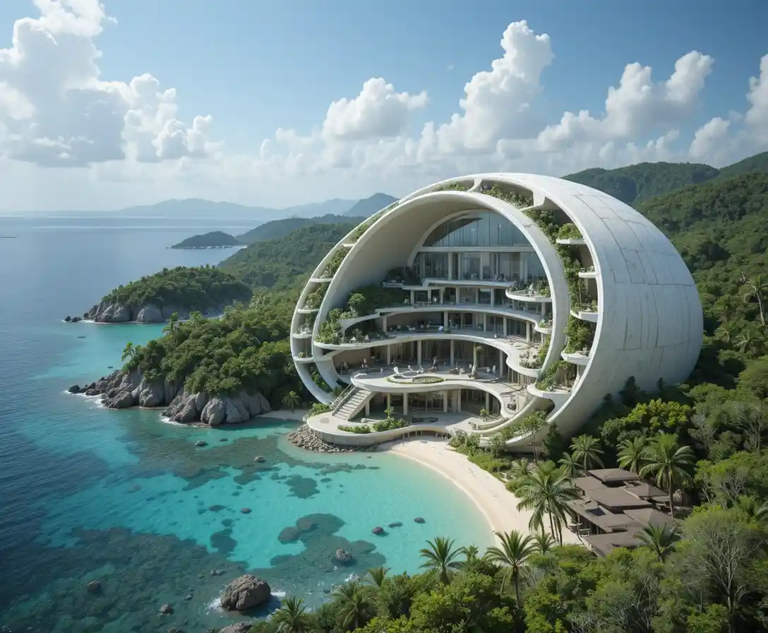 Concept futuristico di eco resort a forma di nautilus su costa tropicale
