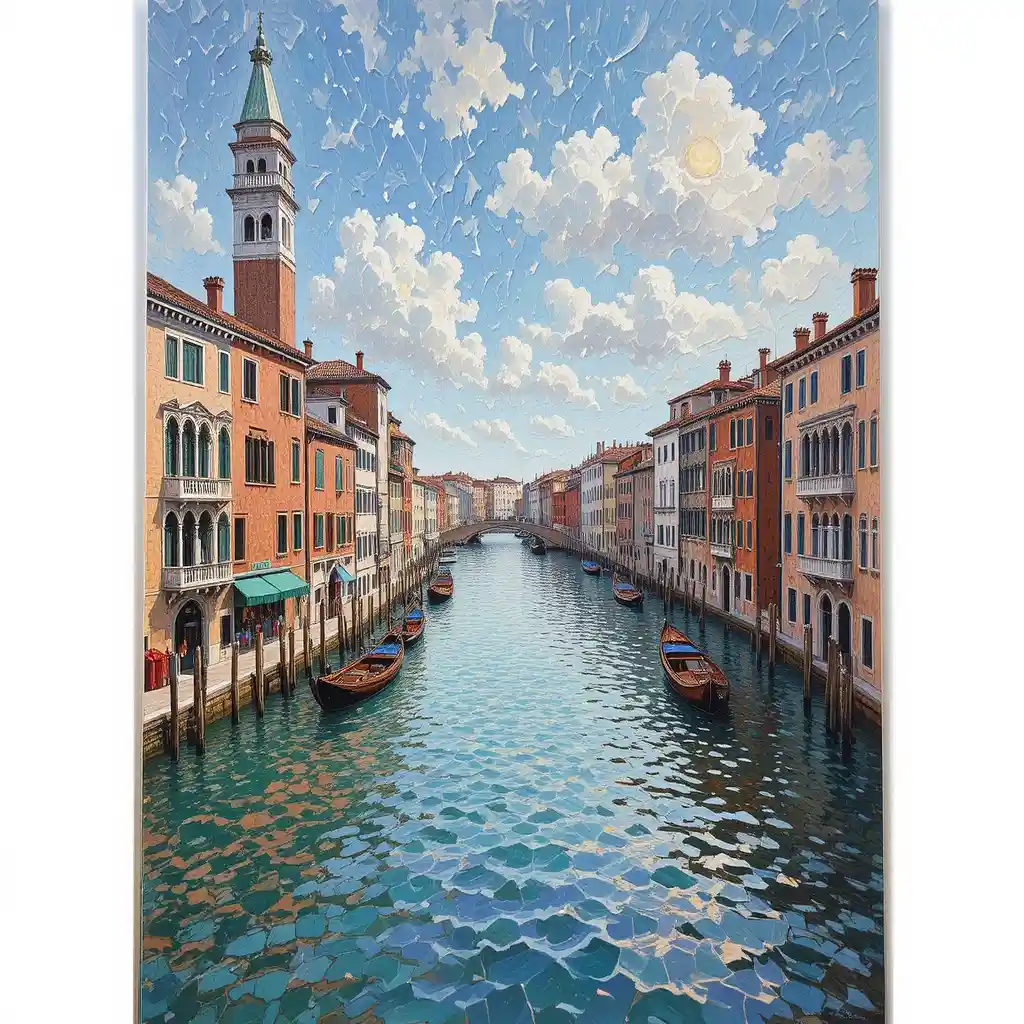 Pointillistisches Gemälde einer venezianischen Stadtlandschaft am Wasser