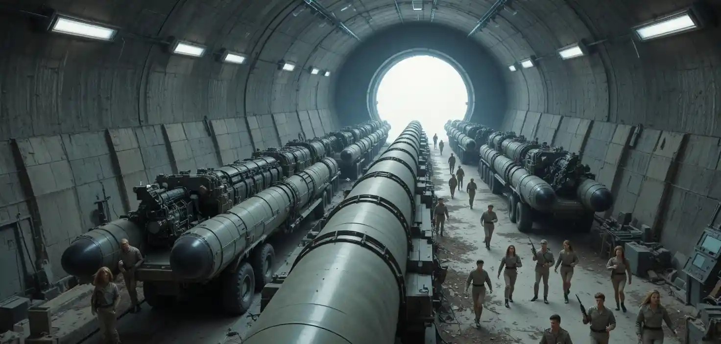 Bunker sotterraneo cinematografico con camion lanciamissili e soldati