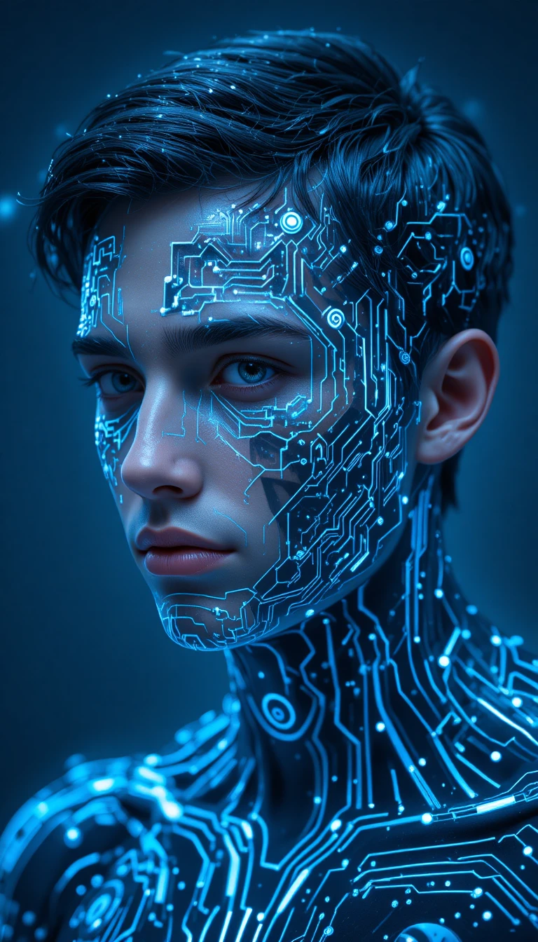 Junger Mann mit leuchtend blauer digitaler Schaltkreis-Gesichtsmaske