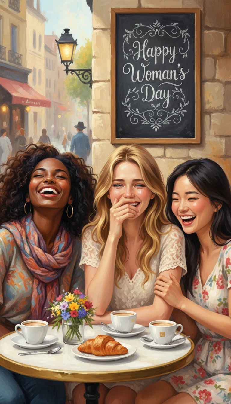 Three diverse women laughing together in a Paris cafe