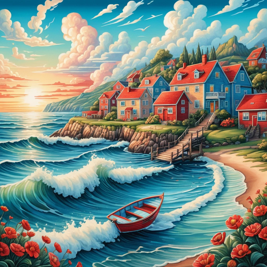 Ville côtière colorée avec lever de soleil et petit bateau rouge