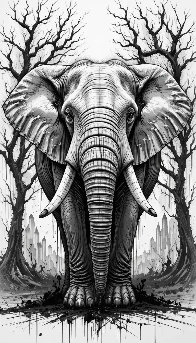 Black and white digital drawing of a frontal African elephant