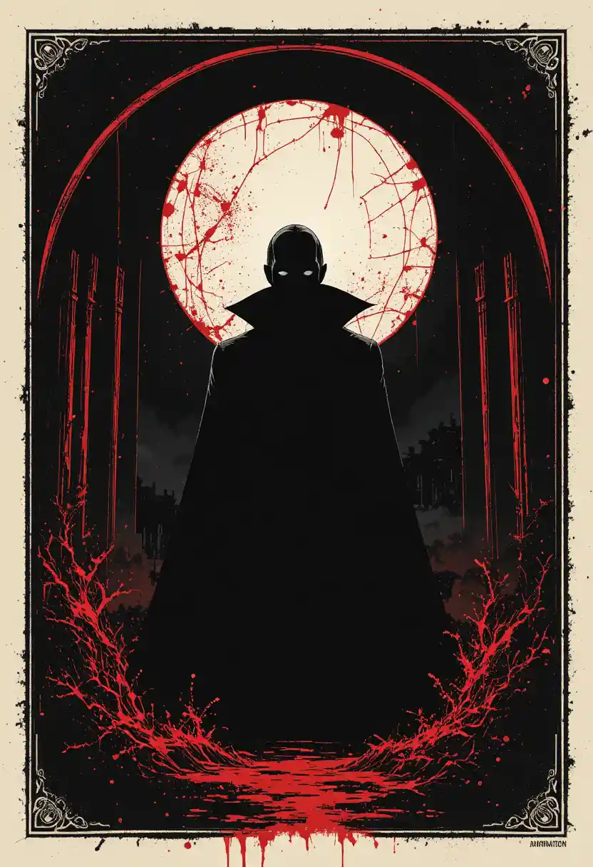 Affiche de vampire ominieuse avec fort contraste noir et rouge sang