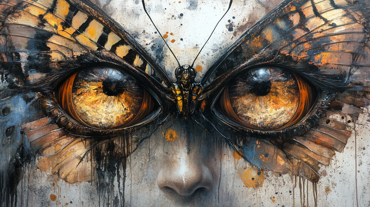 Mariposa surrealista en técnica mixta con grandes ojos reflectantes
