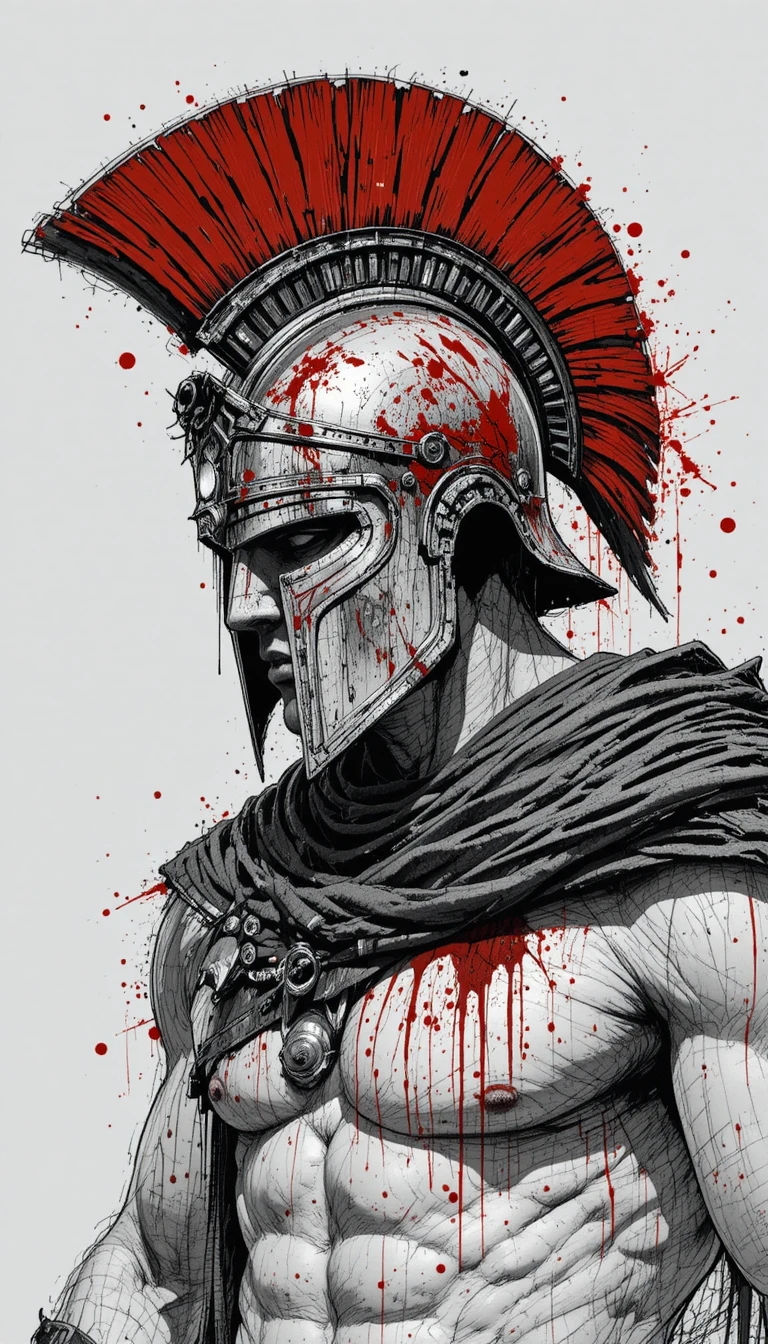 Spartan warrior in black and white with red plume