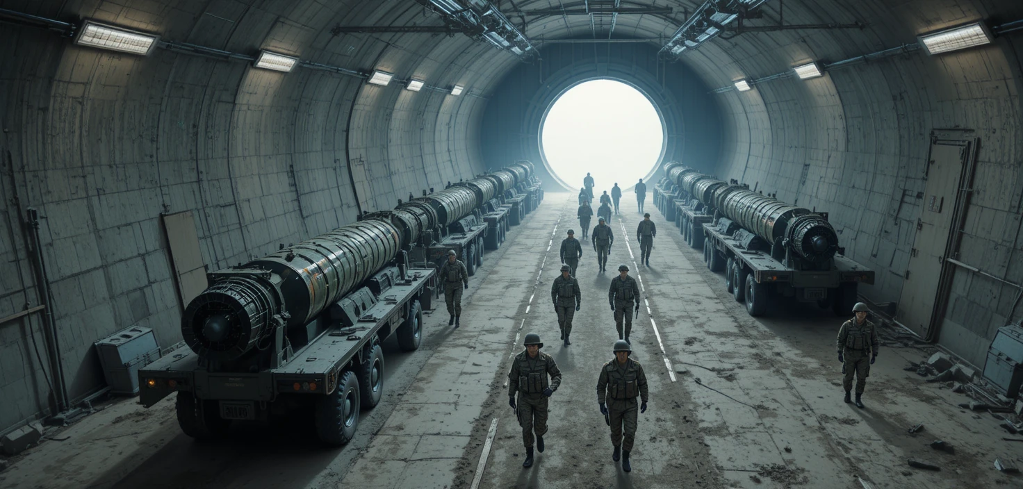 Cinematic view of missiles in an underground military bunker