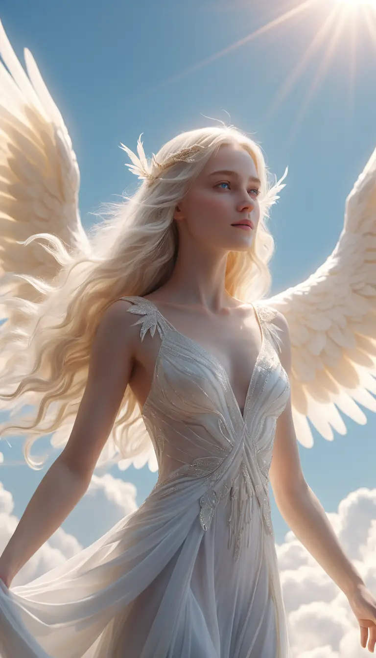 Angelic woman with glowing wings in a radiant heavenly sky