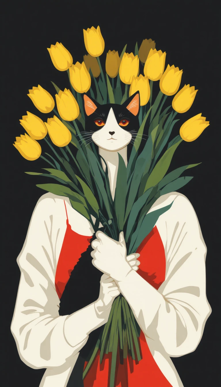 大きな黄色いチューリップの花束を抱えた猫の女性 ポスター