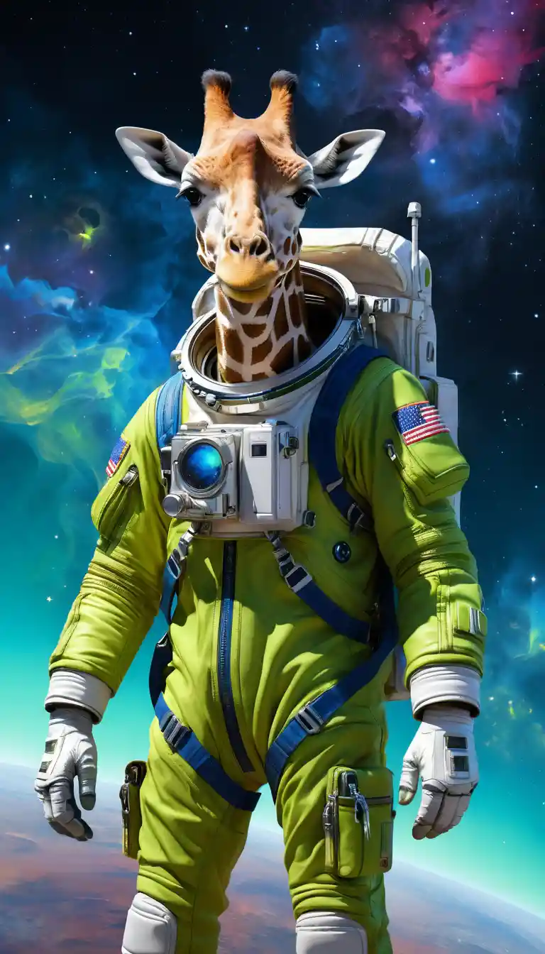 Giraffen-Astronaut mit blauem Visier auf dem Mond
