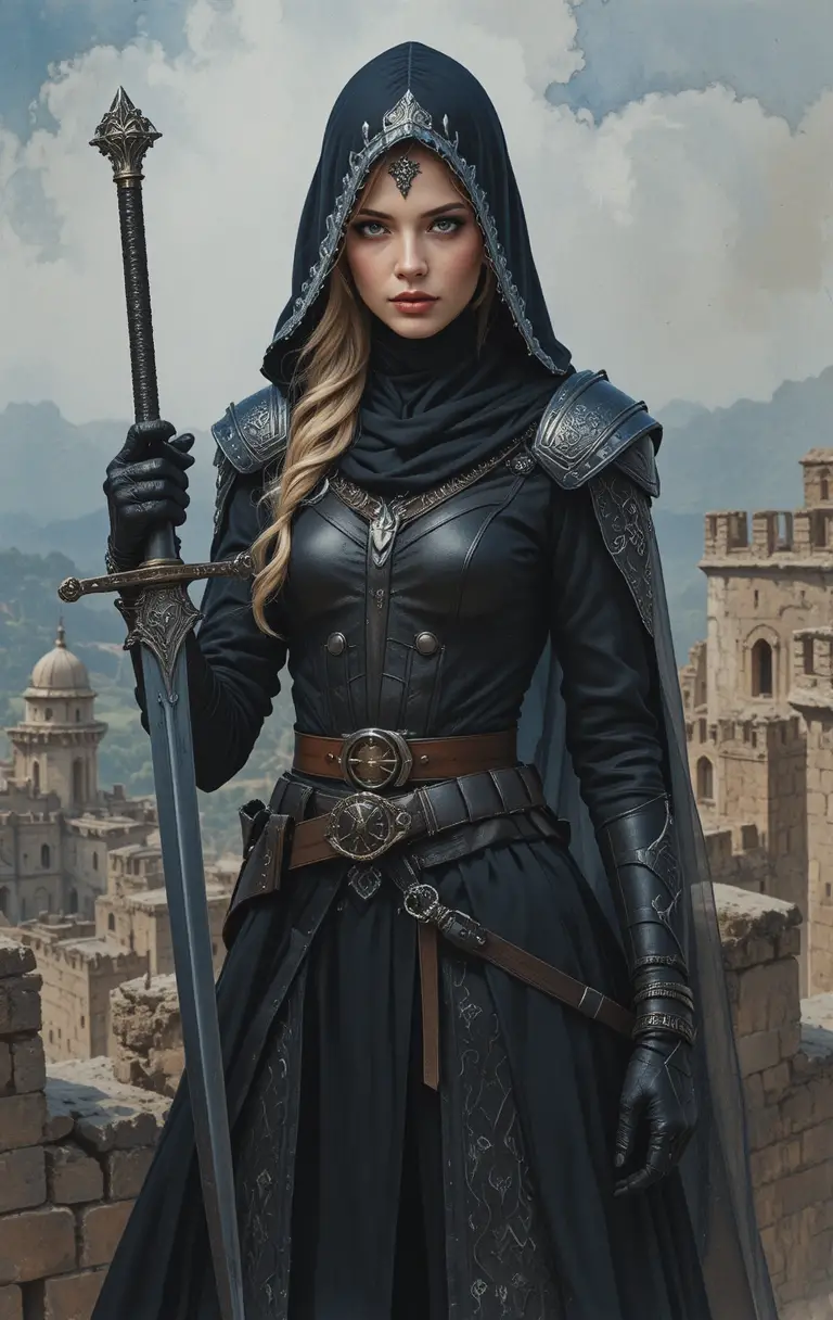 Hooded assassin woman on an ancient fortress wall