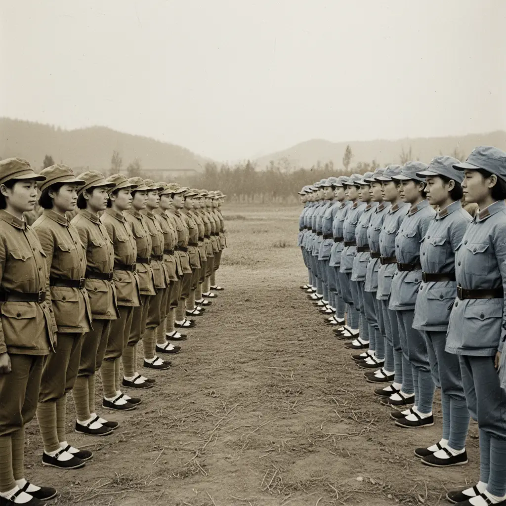 Soldadas chinesas frente a frente em formação de guerra