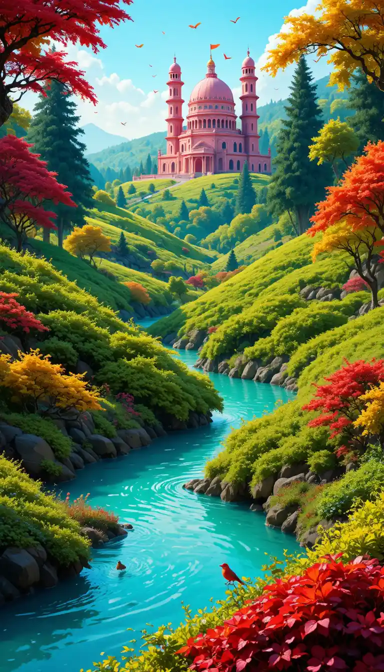Colorful river valley with tiny red birds and dome