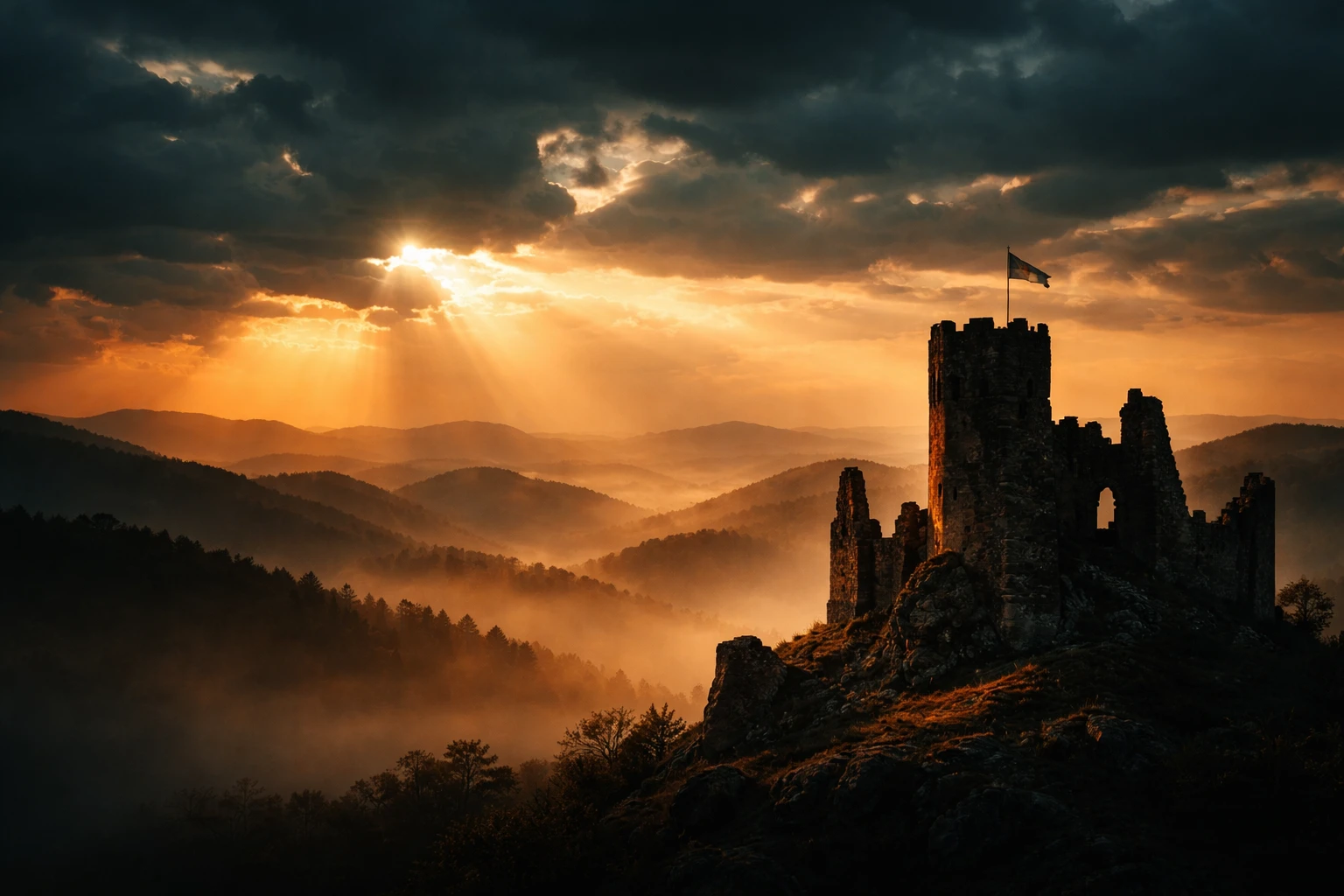 Silhueta de Castelo em Ruínas contra Colinas ao Pôr do Sol Brilhante