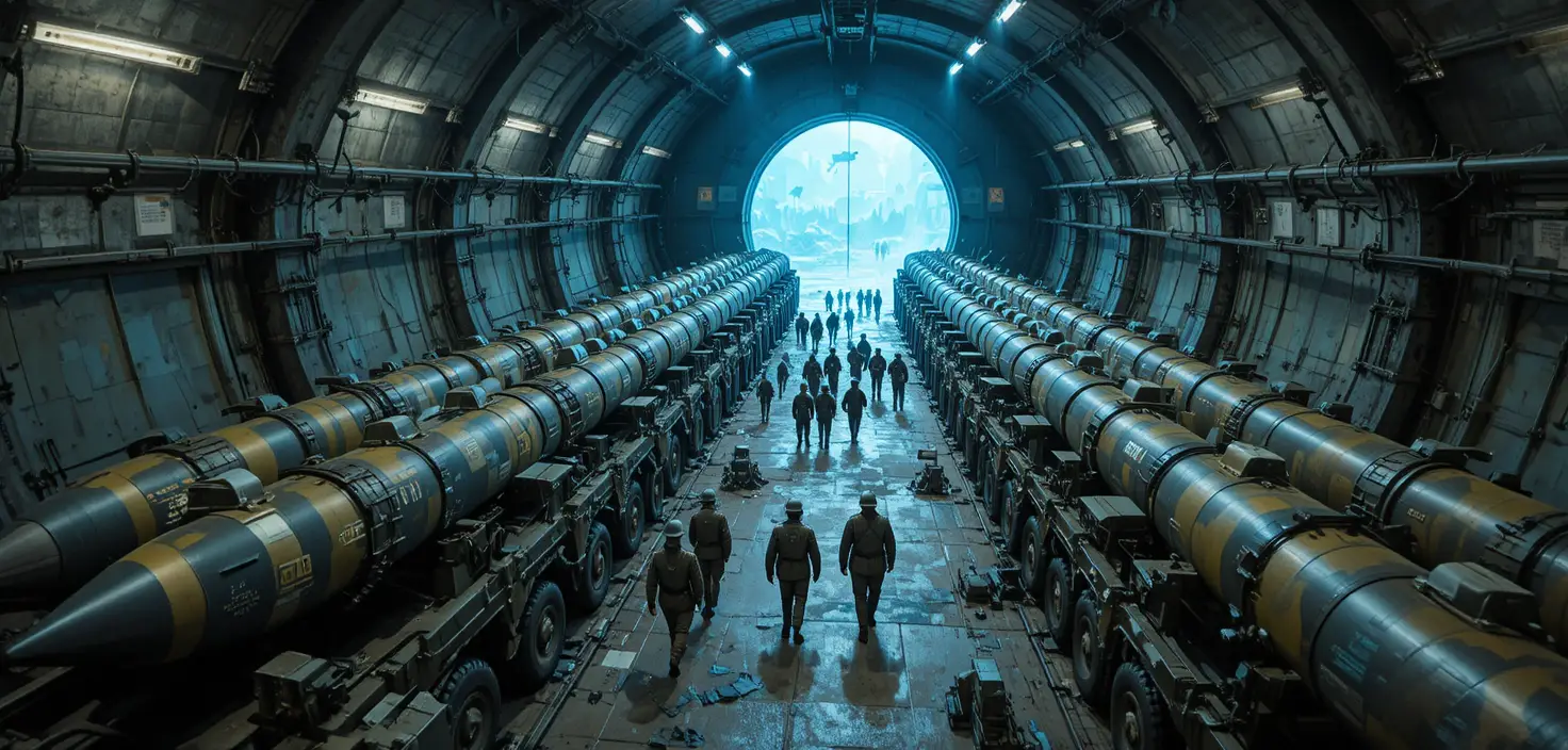 Cinematic view inside underground missile bunker with soldiers