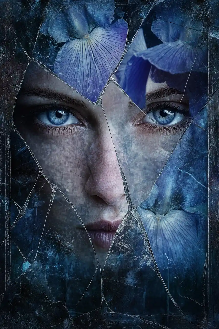 Fractured glass iris glowing from deep indigo shadows
