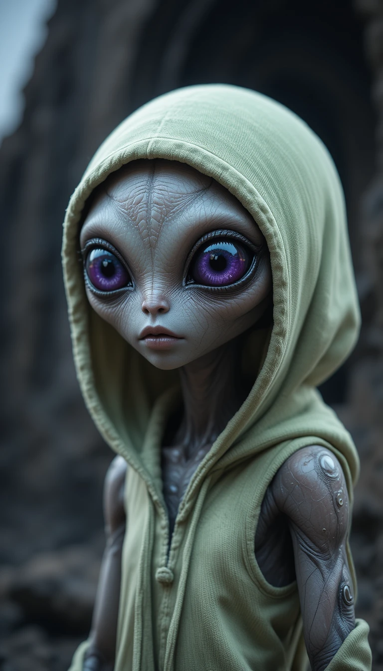 Alien delgado en CGI con sudadera y ojos brillantes