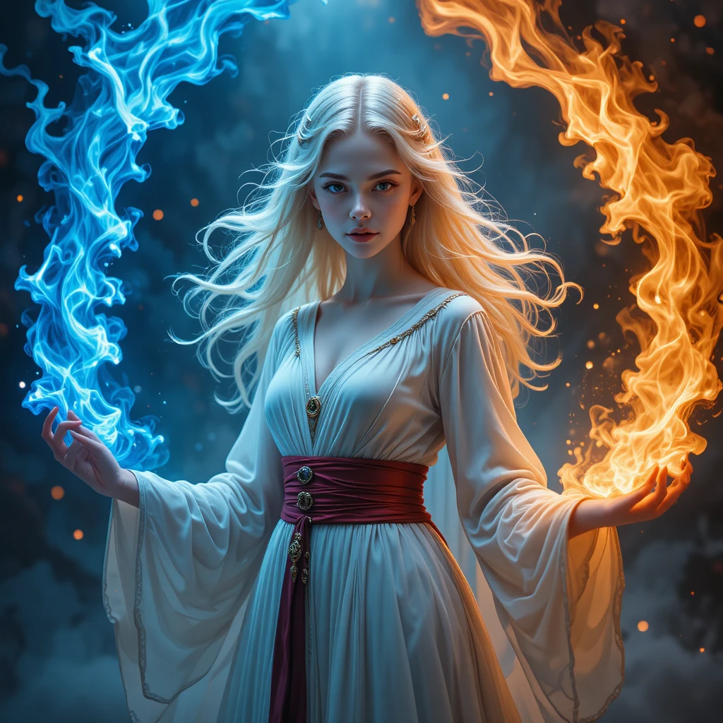 Strega fantasy con doppie fiamme elementali nello spazio