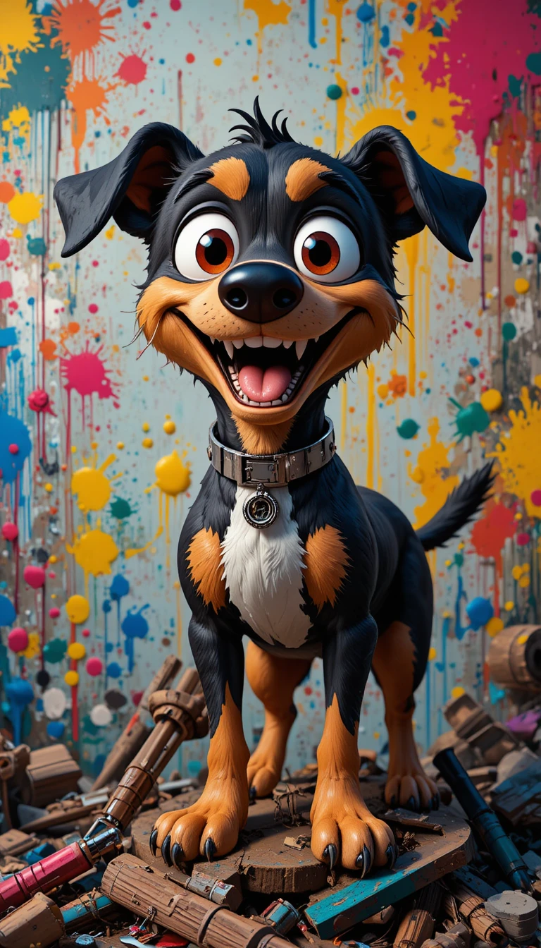 Cheerful cartoon dog on junk pile with splattered paint